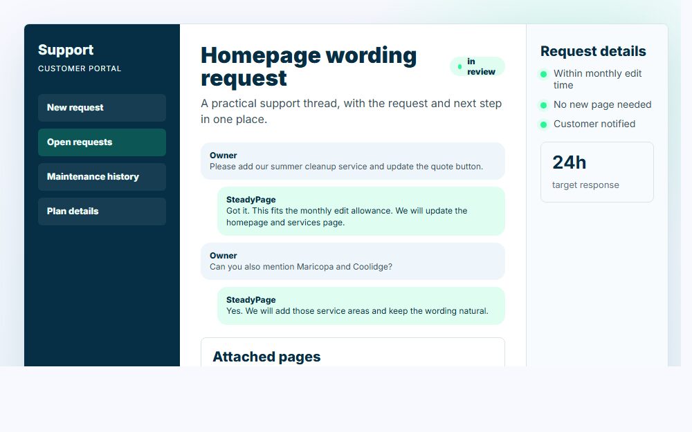 Graphic showing a SteadyPage customer support request thread and request details