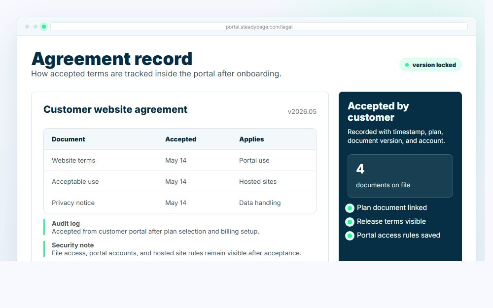 Graphic showing accepted SteadyPage agreement records inside a customer portal