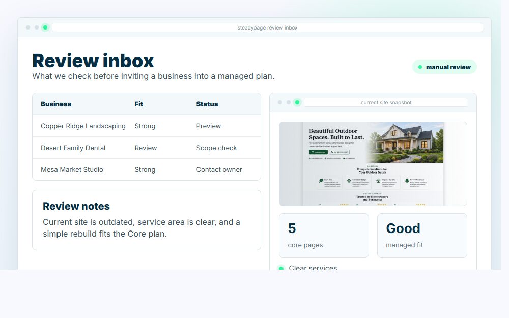 Graphic showing the SteadyPage review inbox with business fit notes and a site snapshot